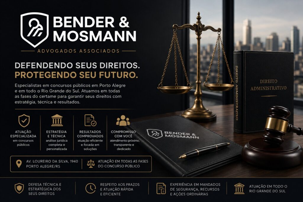 Imagem institucional do escritório Bender & Mosmann Advogados Associados, especializado em defesa de candidatos em concursos públicos em Porto Alegre e Região Metropolitana. A arte apresenta elementos do Direito Administrativo, mandado de segurança, recursos em concursos públicos e defesa jurídica estratégica para candidatos eliminados em concurso, reprovação em psicotécnico, TAF e direito à nomeação.A composição visual transmite autoridade, confiança e atuação técnica especializada em concursos públicos no Rio Grande do Sul, com destaque para advocacia voltada a servidores públicos, candidatos da Brigada Militar, Polícia Civil, SUSEPE, IGP-RS e demais certames estaduais e federais.O ambiente sofisticado, com balança da justiça, livros jurídicos e identidade visual corporativa, reforça o posicionamento do escritório como referência em advogado especialista em concurso público em Porto Alegre, defesa em concurso público RS, recurso administrativo em concurso e ações judiciais para candidatos prejudicados pela Administração Pública.
